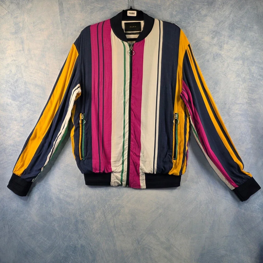 Zara Mens Vertical Stripe Bomber Jacket Navy Blue Magenta Yellow Size M Zip Up